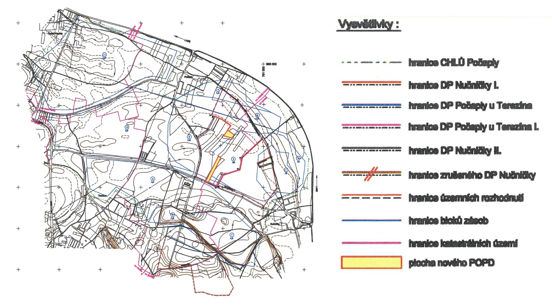 Přehledová mapa dobývacího prostoru Počaply u Terezína a navazující těžby.