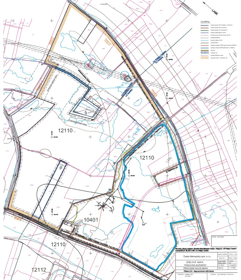 Mapa vztahu těžby, vodních ploch a okolního území.